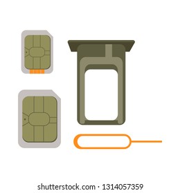 SIM card equipment icon set. Micro and macro SIM cards, opener pin, SIM card holder. Mobile connection concept. Vector illustration can be used for topics like mobile phones, technology, communication