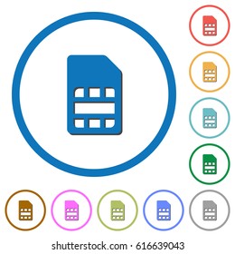 SIM card flat color vector icons with shadows in round outlines on white background
