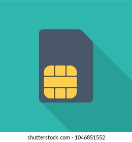 Sim card flat icon with long shadow isolated on blue background. Simple sim card in flat style, vector illustration.