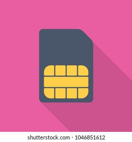 Sim card flat icon with long shadow isolated on pink background. Simple sim card in flat style, vector illustration.