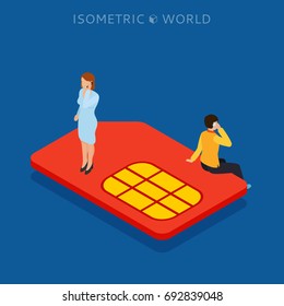 SIM card flat isometric concept web vector illustration.