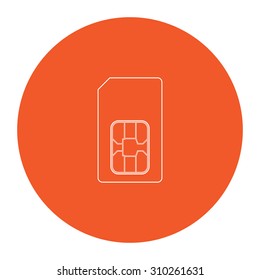 Sim Card. Flat Outline White Pictogram In The Orange Circle. Vector Illustration Icon