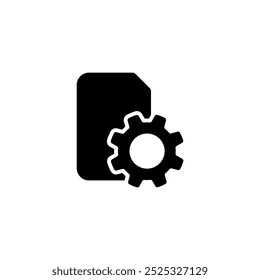 SIM card with a gear icon, representing mobile technology and settings. Black and white vector illustration.