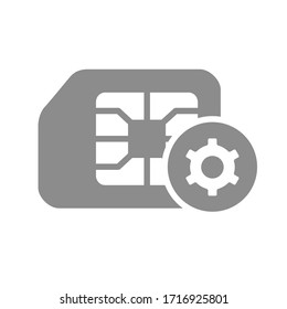 Tarjeta SIM con icono gris plano de rueda de engranaje. Ranura móvil, símbolo de tarjeta telefónica técnica