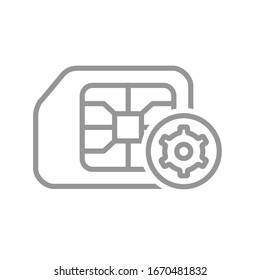 SIM card with gear wheel line icon. Mobile slot, technical phone card symbol