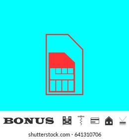 Sim card icon flat. Red pictogram on blue background. Vector illustration symbol and bonus buttons Music center, corkscrew, credit card, house, drum