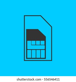 Sim card icon flat. Simple vector black pictogram on blue background