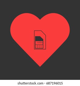 Sim card icon flat. Simple pictogram on heart background. Vector illustration symbol