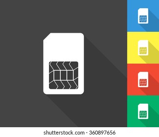 sim card icon - gray and colored (blue, yellow, red, green) vector illustration with long shadow