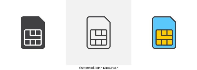 Sim card icon. Line, glyph and filled outline colorful version, mobile telephone card outline and filled vector sign. Communications symbol logo illustration. Different style icons set. Pixel perfect