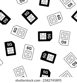 Sim card icon seamless pattern, simcard texture pattern, cell, mobile phone chip card isolated on white background. Monochrome wallpaper template. Mobile technology. flat vector illustration