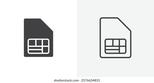 Sim card icon set in black flat solid and outlined style.