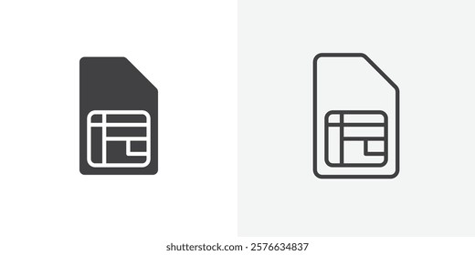 Sim card icon set in black flat solid and outlined style.