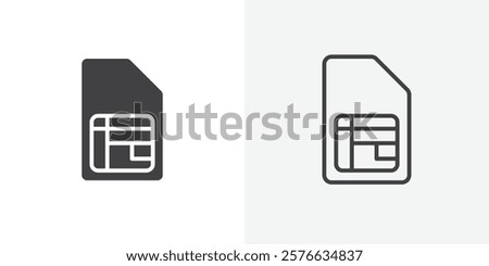 Sim card icon set in black flat solid and outlined style.