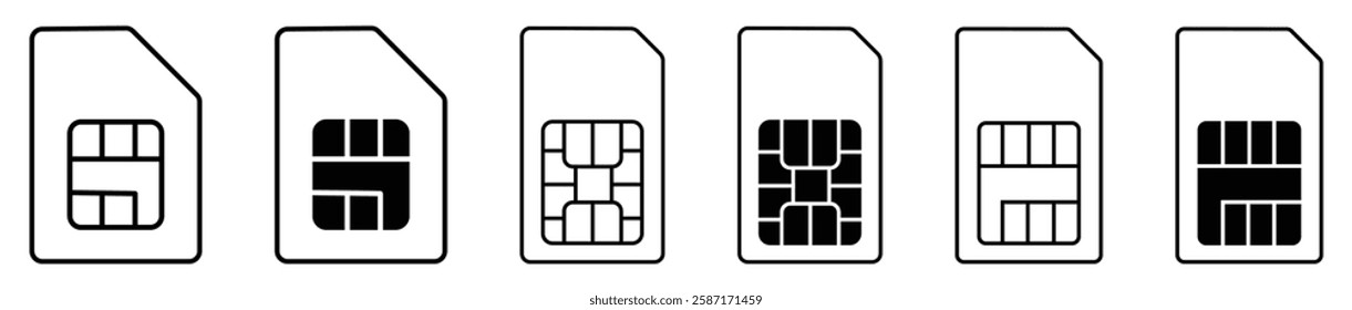 Sim card icon set with different chip designs, black and white vector illustration of mobile phone sim cards, telecom and communication concept. Sim card icon set. dual sim card icon vector.