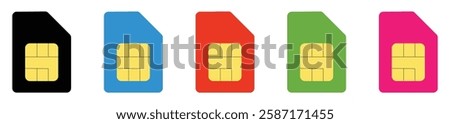 Sim card icon set showing multiple colored mobile sim cards with chip details used for network, telecom, and phone connectivity graphics.