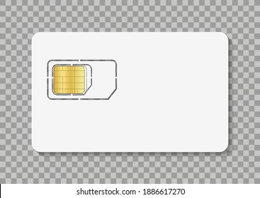 Tarjeta SIM. Icono de la tarjeta simple para teléfono móvil. Nano, microsim con chip de identidad. La burla blanca aislada en un fondo transparente. Icono para teléfono celular. Microchip para conexión inalámbrica. Vector.