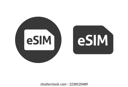 Sim card icon vector or esim chip pictogram symbol simple black and white isolated graphic clipart, round circle label logo silhouette, cellular technology illustration