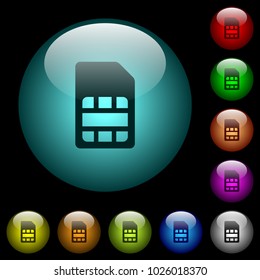 SIM card icons in color illuminated spherical glass buttons on black background. Can be used to black or dark templates