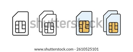 SIM card icons set in outline and solid black styles representing mobile, communication, network, storage, and cellular technology in flat vector design