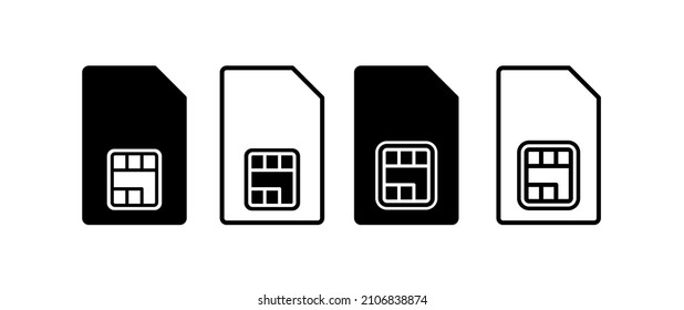 SIM card icons set. Subscriber Identification Module. Micro card for phone. Nano card for mobile communication. Isolated vector illustration on white background.