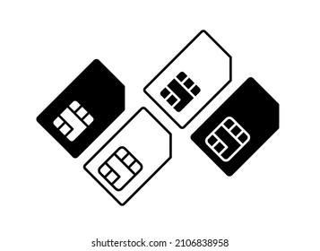 SIM card icons set. Subscriber Identification Module. Micro card for phone. Nano card for mobile communication. Isolated vector illustration on white background.
