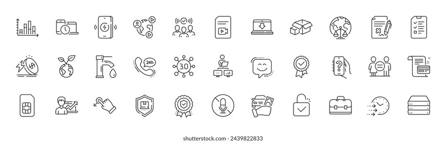 Sim card, Internet downloading and Wireless charging line icons. Pack of Payment card, Insurance medal, Tap water icon. Diagram graph, Drag drop, Portfolio pictogram. Servers, Smile face. Vector