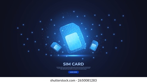 Ilustração de vetor de wireframe poli baixo do cartão Sim. Futurista brilhante baixo cartão SIM poligonal feito de linhas, partículas de luz no fundo azul escuro. Bom para site, banner e landing page.