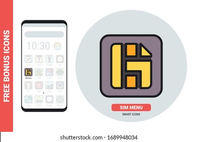 Sim card or sim menu application icon for smartphone, tablet, laptop or other smart device with mobile interface. Simple color version. Contains bonus icons