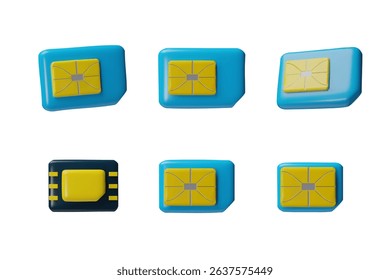 Sim card and microchip 3D plastic style vector icons set. Wireless GSM equipment for mobile phone, smartphone, front view isolated. Realistic subscriber identity module. Telecommunication technology