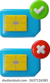 Sim card microchip 3D vector icons set. Wireless GSM equipment for mobile phone with rejection and approval sign. Render telecommunication subscriber identity module with checkmark and cross