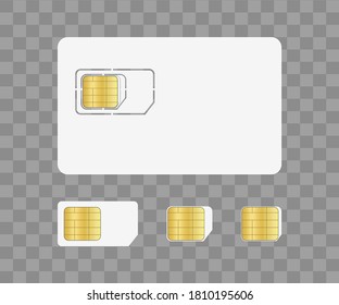 Sim card for mobile with chip. Simcard for identity on phone. Nano and micro card for corporate communication. Prepaid for technology. Icon on transparent background. Cellphone with microchip. Vector.