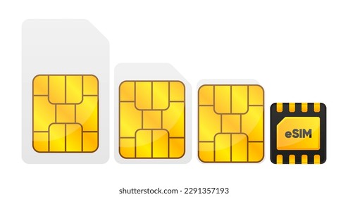 Tarjeta SIM. Chip de red de teléfono móvil. Sim tarjeta de colección de diferente tamaño. Chip para red móvil. De grande a estimado. Ilustración vectorial.