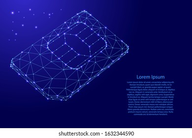 SIM card phone map from futuristic polygonal blue lines and glowing stars for banner, poster, greeting card. Vector illustration.