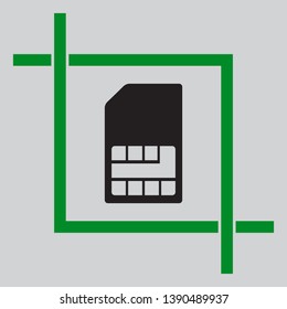 Sim card sign. Black icon inside green crop tool at light gray background