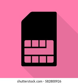 Sim card sign. Black icon with flat style shadow path on pink background.