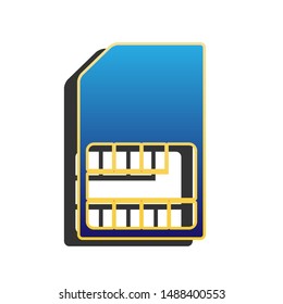 Sim card sign. Blue icon with gold contour with dark gray shadow at white background. Illustration.