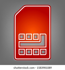 Sim card sign. Flat red icon with linear white icon with gray shadow at grayish background. Illustration.
