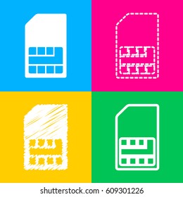 Sim card sign. Four styles of icon on four color squares.