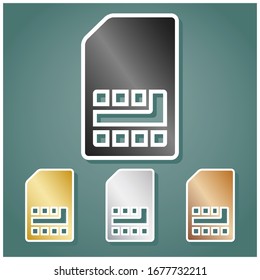 Sim card sign. Set of metallic Icons with gray, gold, silver and bronze gradient with white contour and shadow at viridan background. Illustration.