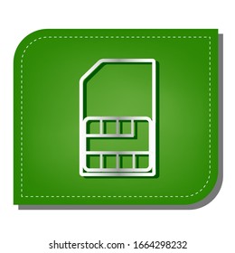 Sim card sign. Silver gradient line icon with dark green shadow at ecological patched green leaf. Illustration.