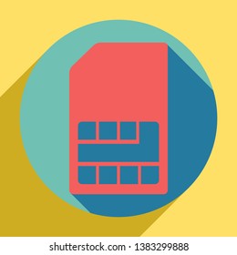 Sim card sign. Sunset orange icon with llapis lazuli shadow inside medium aquamarine circle with different goldenrod shadow at royal yellow background.