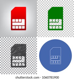 Sim card sign. Vector. 4 styles. Red gradient in radial lighted background, green flat and gray scribble icons on transparent and linear one in blue circle.