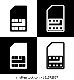 Sim card sign. Vector. Black and white icons and line icon on chess board.