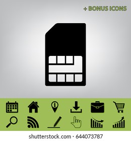 Sim card sign. Vector. Black icon at gray background with bonus icons at celery ones