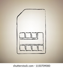 Sim card sign. Vector. Brush drawed black icon at light brown background.