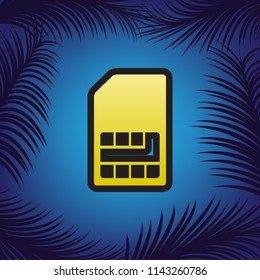 Sim card sign. Vector. Golden icon with black contour at blue background with branches of palm trees.