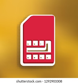 Sim card sign. Vector. Magenta icon with darker shadow, white sticker and black popart shadow on golden background.