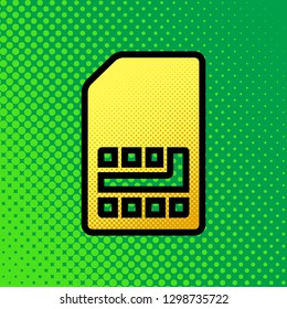 Sim card sign. Vector. Pop art orange to yellow dots-gradient icon with black contour at greenish background.
