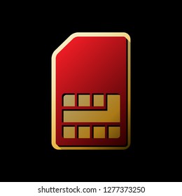 Sim card sign. Vector. Red icon with small black and limitless shadows at golden sticker on black background.
